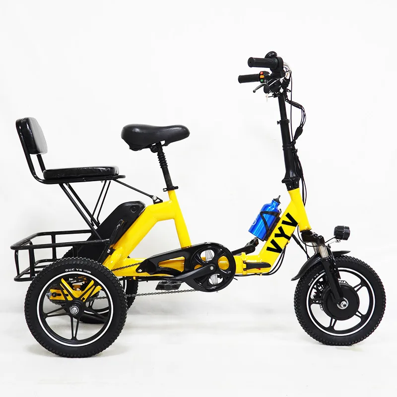 Tricycle électrique 48V 350W pour adultes petit vélo électrique pliant 14 pouces 2 personnes avec panier siège arrière amovible