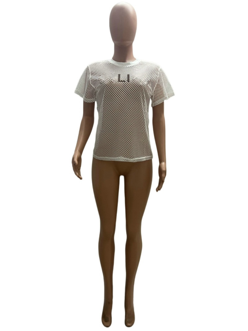 Летние модные женские футболки для девочек, дизайнерская одежда, женская футболка с буквенным принтом, сетчатая футболка с отверстиями, женские простые черно-белые топы с короткими рукавами, женские топы, футболки