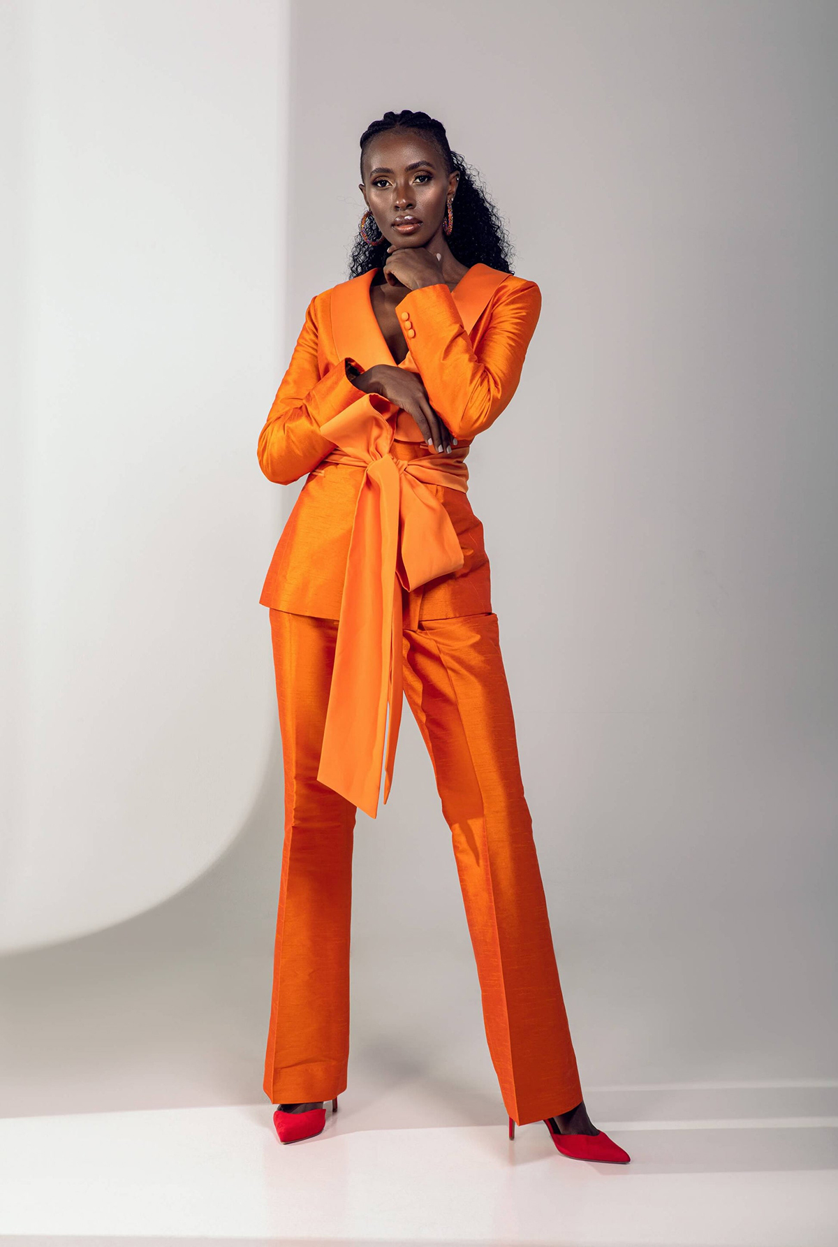 Bright Orange Women Pants Suits Summer Fashion Show Ladies Blazer Jacket Guest Wear With Sashes 