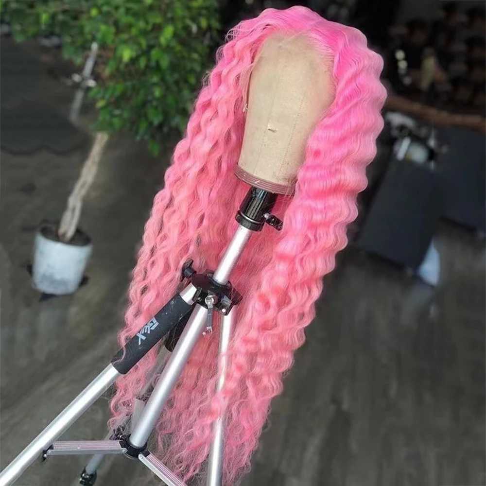 Hair Wigs Blue Wave Synthetic Lace Front Wigs Long Deep Wavy Natural Look Glueless Fiber Wig Women Cosplay Use Black Pink Hair 240306