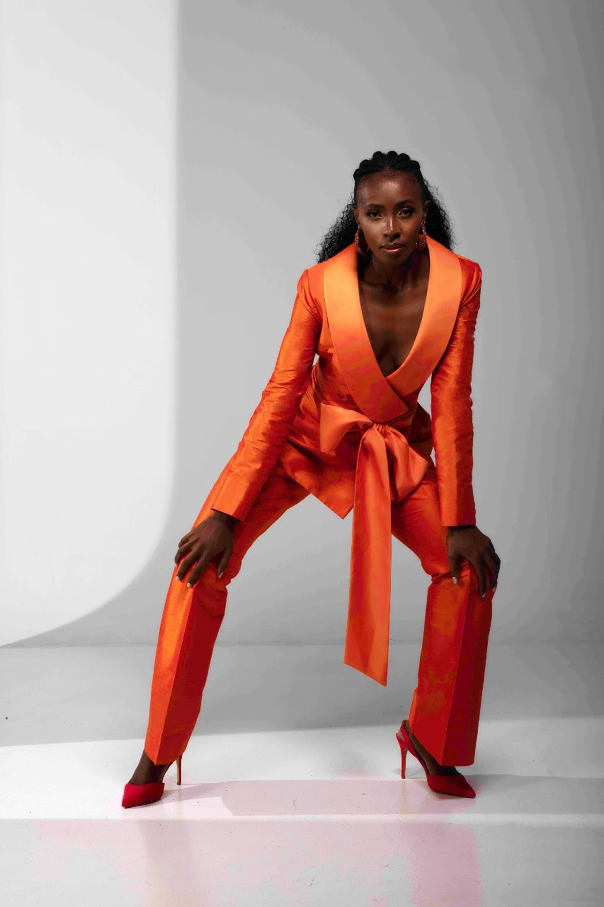 Bright Orange Women Pants Suits Summer Fashion Show Ladies Blazer Jacket Guest Wear With Sashes 