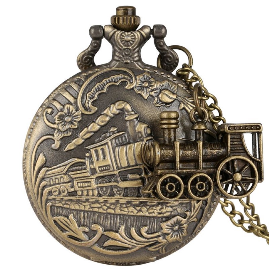 Vintage Retro 3D Steam Train Pocket Watch med halsbandskedja Lokomotiv design män kvinnor antik kvarts klocka gåva kollega 324m