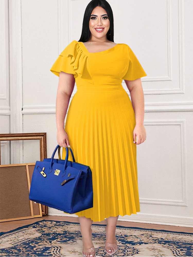 Vår och sommar ny stil kvinnliga veck klänning sned lutt axel temperament office lady casual klänning plus size party ruched klänning riktig bild