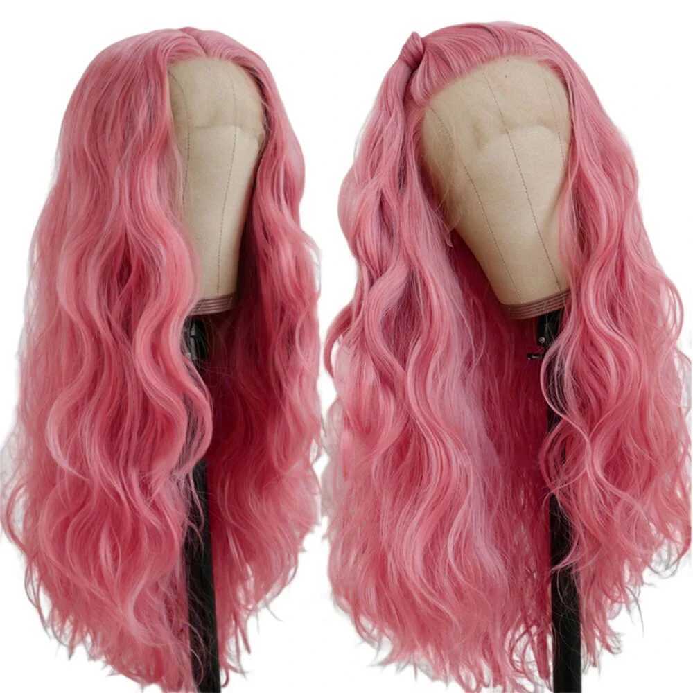 Perruques de cheveux couleur bleu foncé vague lâche perruque synthétique ligne de cheveux naturelle longue ondulée fibre sans colle avant de lacet perruques Cosplay cheveux roses 240306