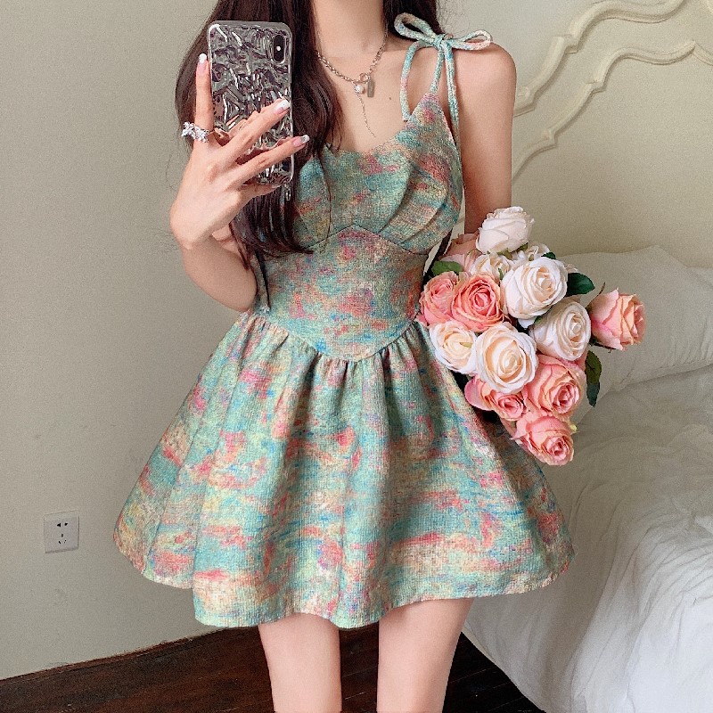 Female retro oil painting printed sling temperament slim dress S M L