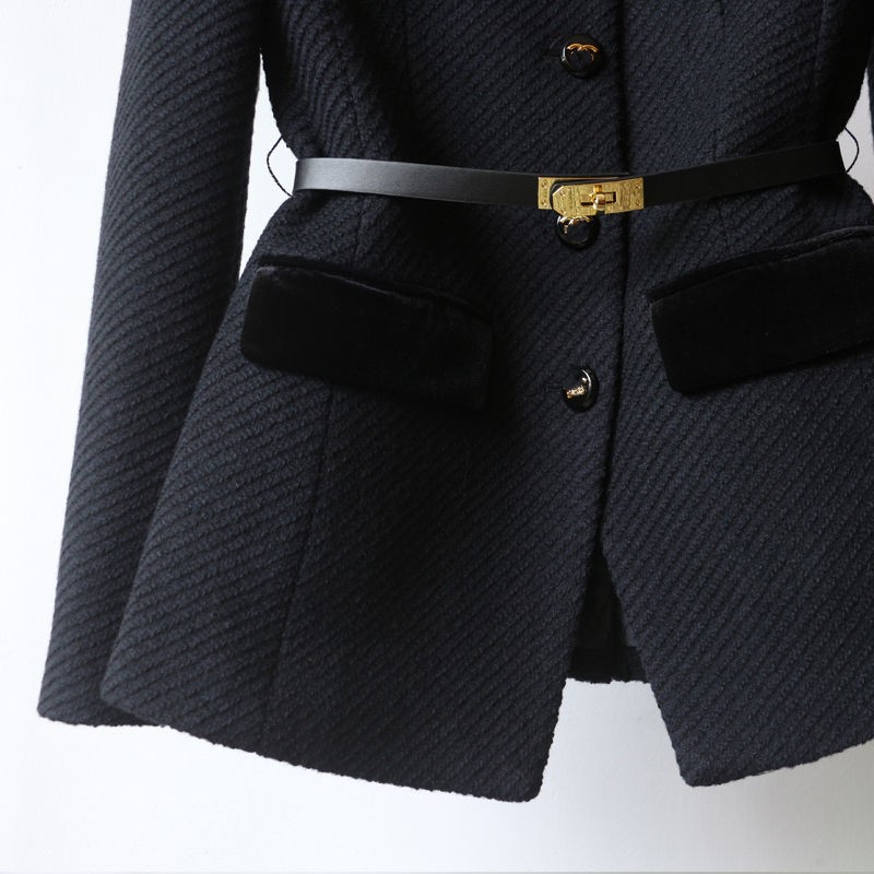 Femme col montant taille fine avec ceinture bloc de couleur simple boutonnage moyen long manteau laine casacos SMLXLXXL