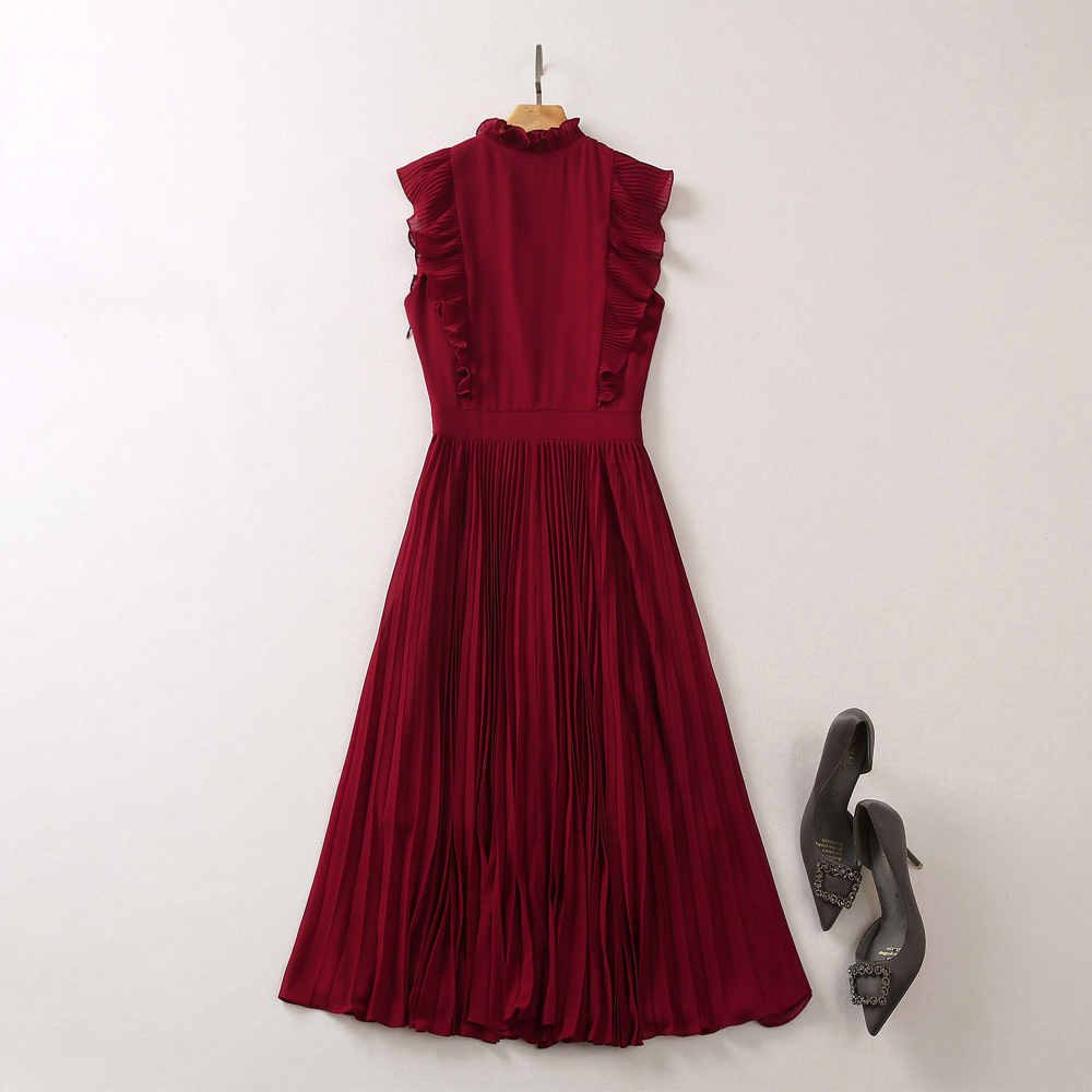 2024 Summer Pleated Women's Dress Stand Collar Striped Zipper Sleeveless Woman's Casual Long Dresses AS067