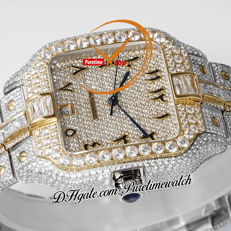 40mm XL Pave Diamond-Set A2824 Automatic Mens Watch TWF Two Tone Yellow Gold Baguette Cut Diamonds Arabic Script Dial Iced Out Steel Bracelet Super Edition Puretime