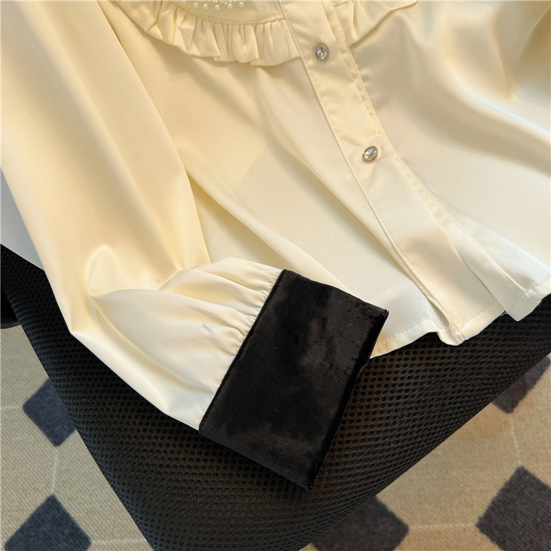 Blusa de manga larga de satén con diseño de diamantes de imitación y lazo bonito parcheado de terciopelo con cuello levantado para mujer SMLXL