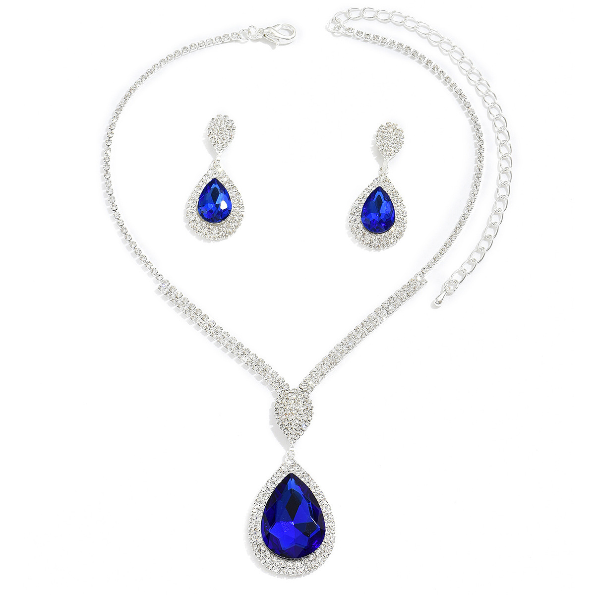 Fashion Drop Crystal Jewelry Set Sparkling Red Blue Rhinestone Halsbandörhängen Smycken Set för brudbrudtärna Bröllopskläder Tillbehör