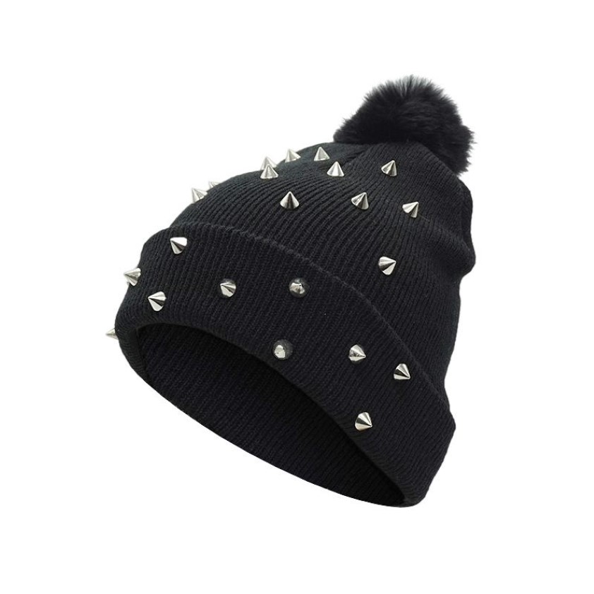 Beanie Skull Caps Vrouwen Punk Klinknagel Winter Hoed Zwart Grote Pom Mode Gebreide Wol Dikke Warme Ladies3116