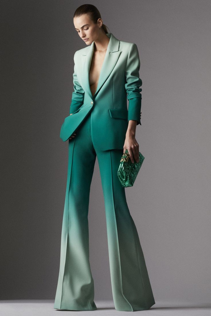 2024 Elie Saab aftonklänning kvinnor passar 2 pieaces långärmad v-halsrock och blossade byxor gradient färg abic aso ebi paris mode vecka grön klänning runway mode mode