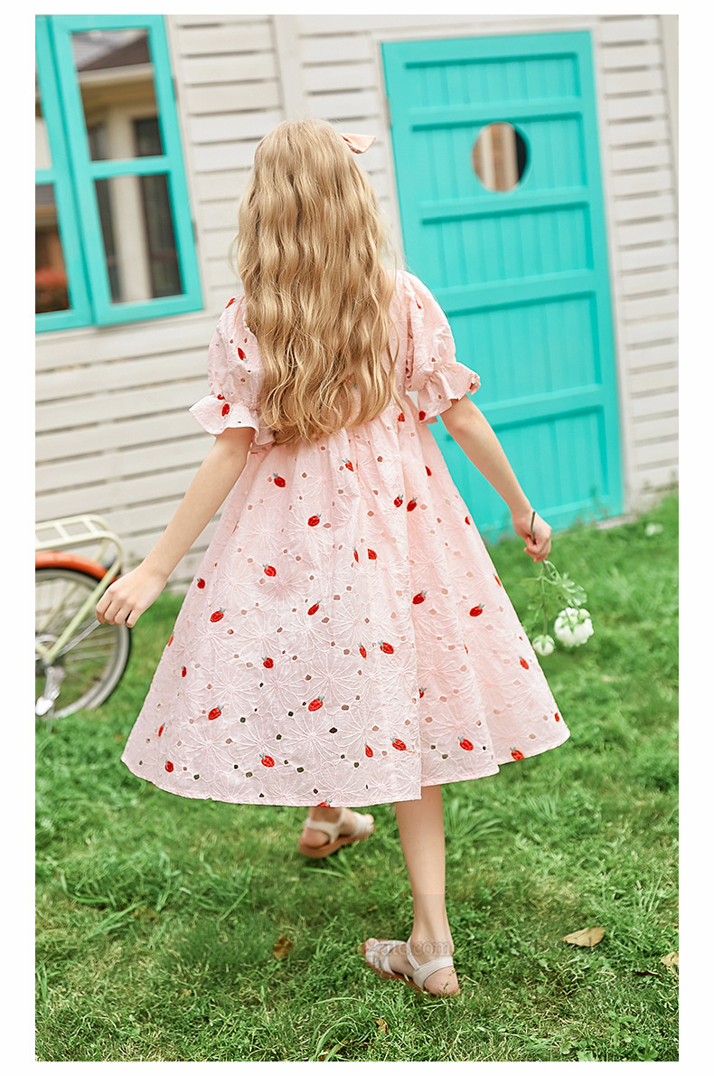 Клубничные платья с вышивкой для больших девочек, старые детские кружевные полые платья с короткими рукавами Falbala, летняя подростковая розовая одежда принцессы Z7001