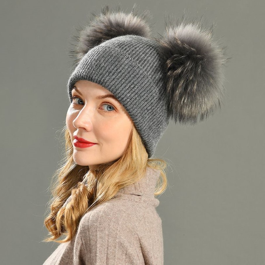 Double vraie fourrure Pom Pom chapeau femmes casquettes d'hiver tricoté laine chapeaux Skullies bonnets filles femme naturel deux fourrure PomPom Beanie chapeau 20223p