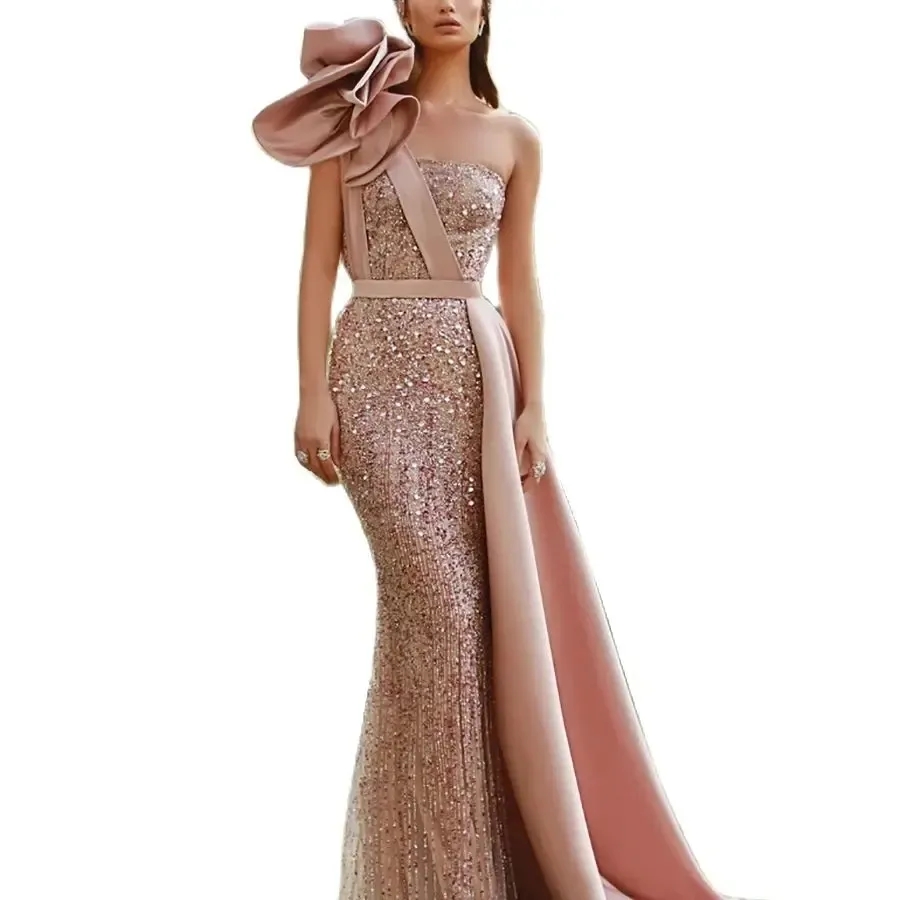 Stunning Pink Sequined Prom Dresses Flowers One Shoulder Mermaid Evening Gowns Formal Prom Party Dress