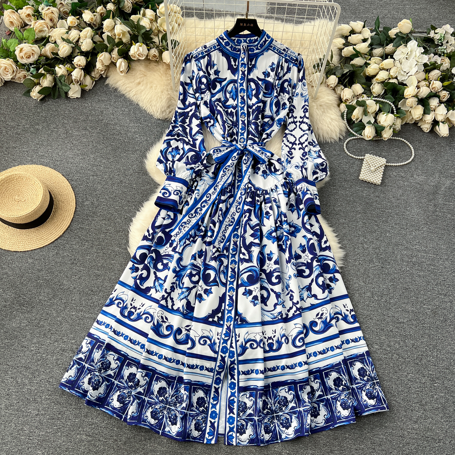Palace Style Temperament Stand-Up Collar Single-Breasted Slim Long Print Dress M L XL 2XL