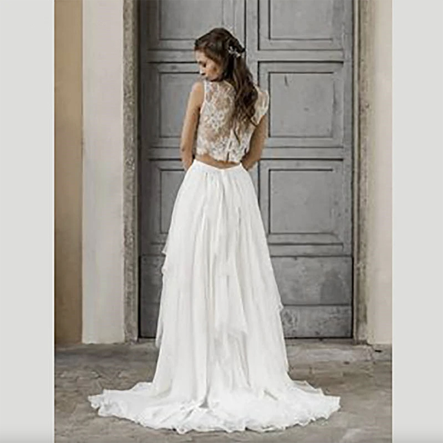 Bohemian Elegant Wedding Dress Vintage Sleeveless Lace Beach Bride Dresses Train Elegant Chiffon Wedding Bridal Gowns