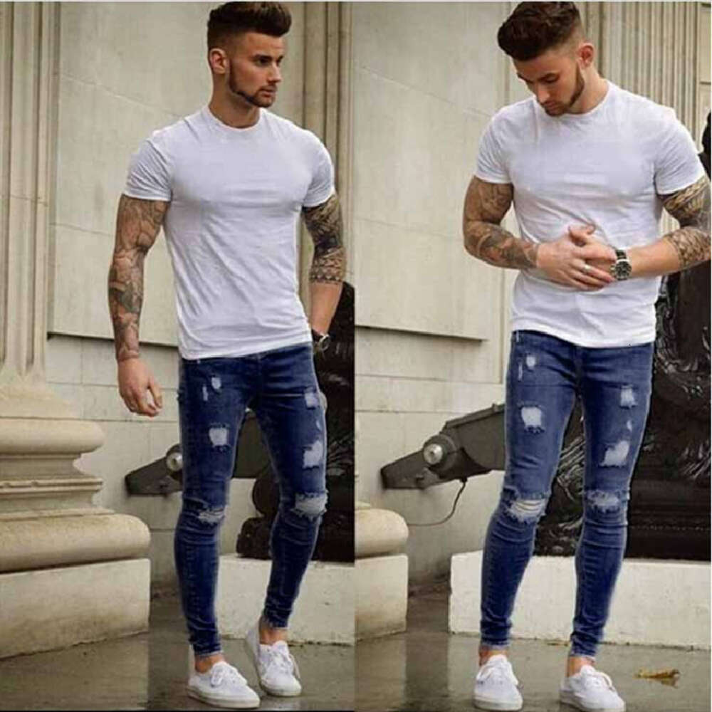 High Street Elegante Rasgado Skinny Lápis Jeans Homens Cor Sólida Slim Buracos Estilo Simples Calças Jeans Casuais