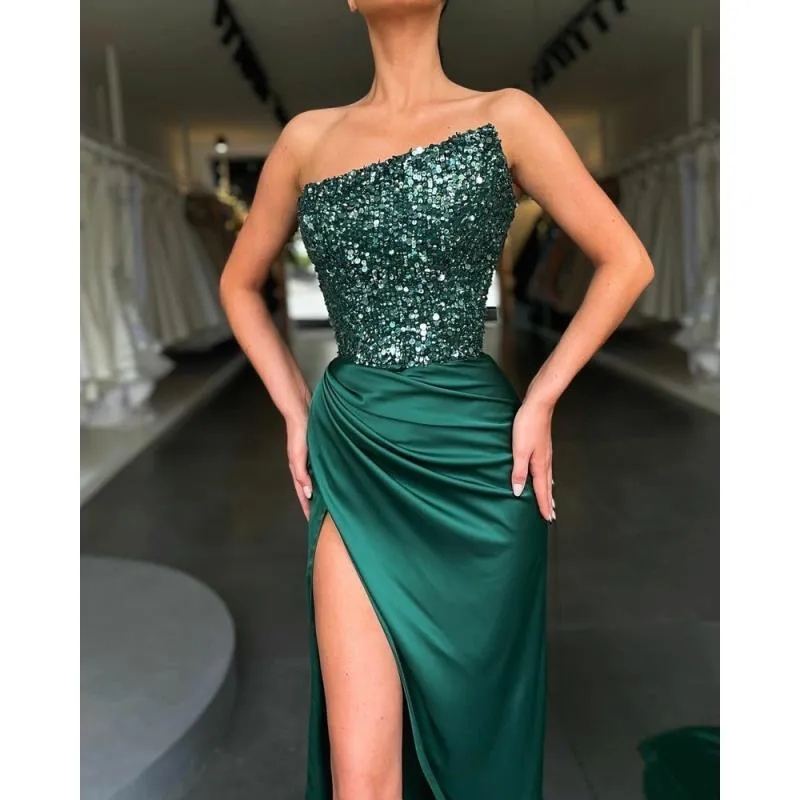 Sexy green prom dresses sequins strapless high split satin party dress sweep train elegant evening gown