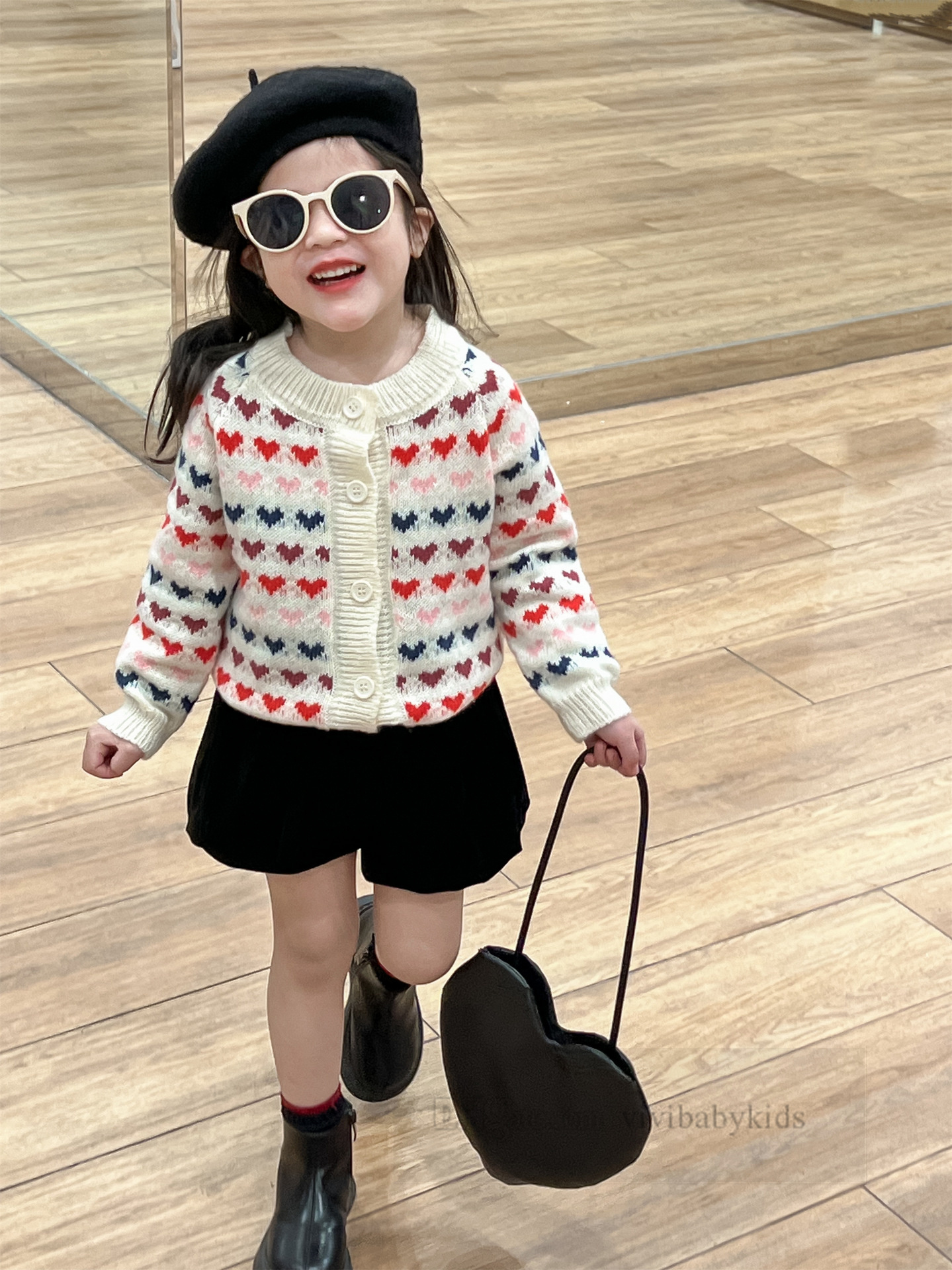 Sweet Girls colorful love heart knitted cardigan kids round collar long sleeve sweater outwear children buds shorts Z6992