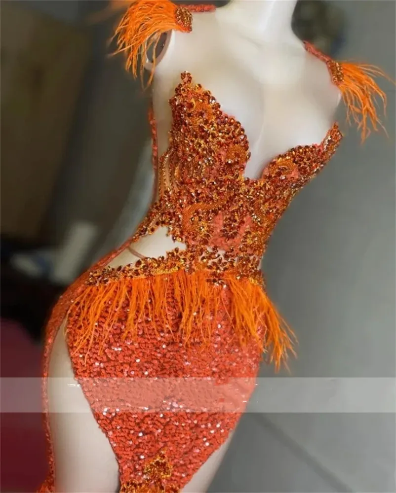 2024 Orange Sheer O Neck Long Prom Dress For Black Girls Beaded Sequined Birthday Party Dresses Feathers Formal Gown Mermaid Evening
