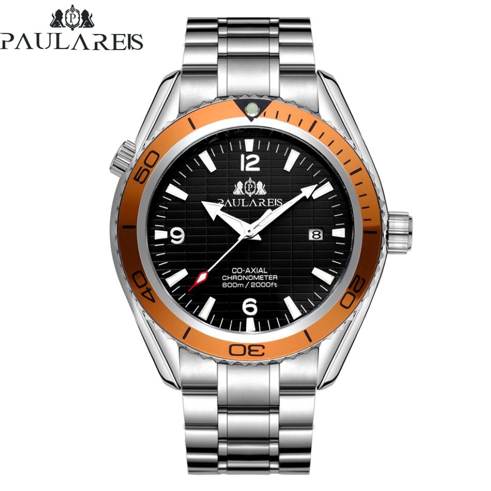 Automático auto vento mecânico pulseira de aço inoxidável simples laranja azul moldura james bond 007 estilo data negócios relógio masculino t200311274y