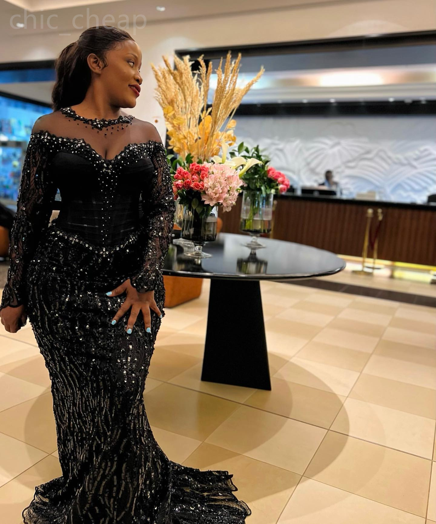 2024 ASO EBI Schwarzer Meerjungfrau Prom Kleid für schwarze Frauen Kristalle Abend formelle Party zweite Rezeption 50. Geburtstag Verlobungskleider Kleider Robe de Soiree ZJ173