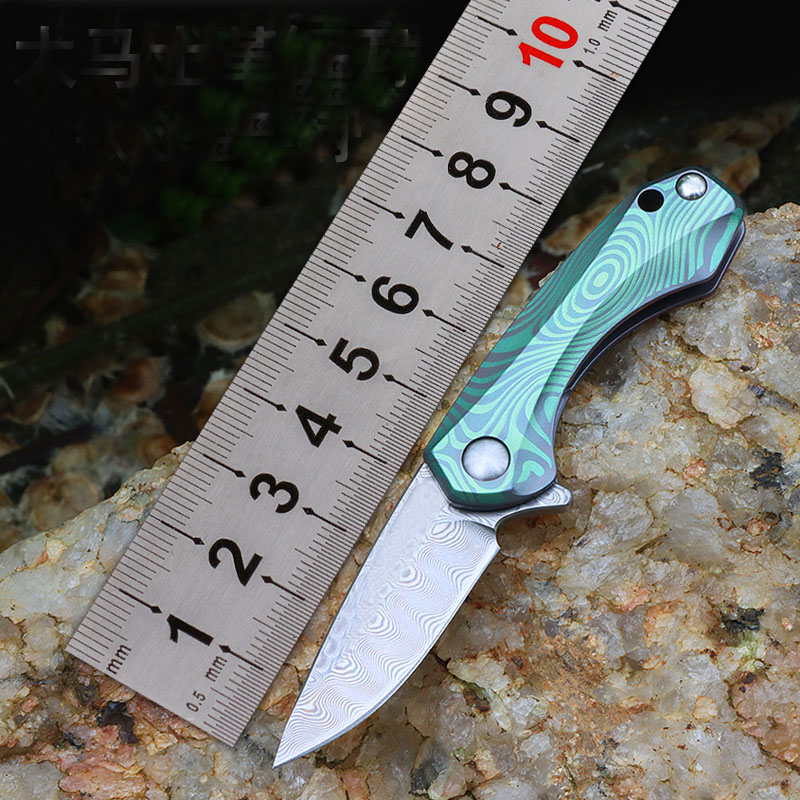Neue hochwertige VG10 Damaskus Stahl Mini kleine Flipper Klappmesser EDC Necklack Kette Messer grün TC4 Titanlegierung Griff