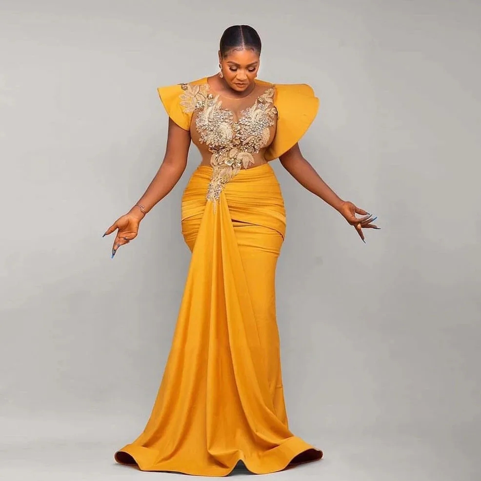 Yellow Plus Size Mermaid Evening Dresses For African Black Women Sparkly Rhinestones Beaded Special Occasion Formal Gown Peplum Second Reception Prom Dress CL3357