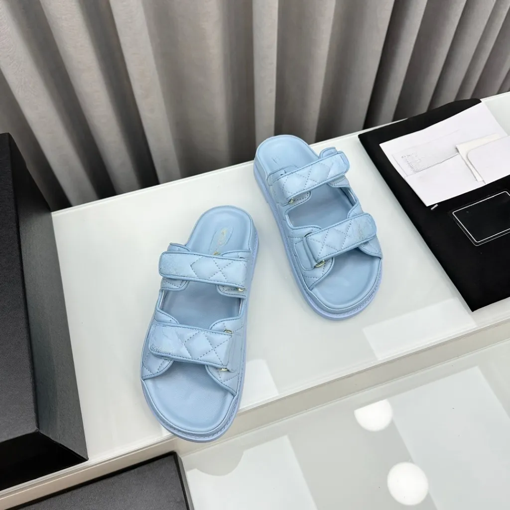 ss24 Black white Gold and silver leather luxury Daddy beach sandals women`s slipper men slides leather sandal womens Hook & Loop casual shoes 35-42 with box and dust bag