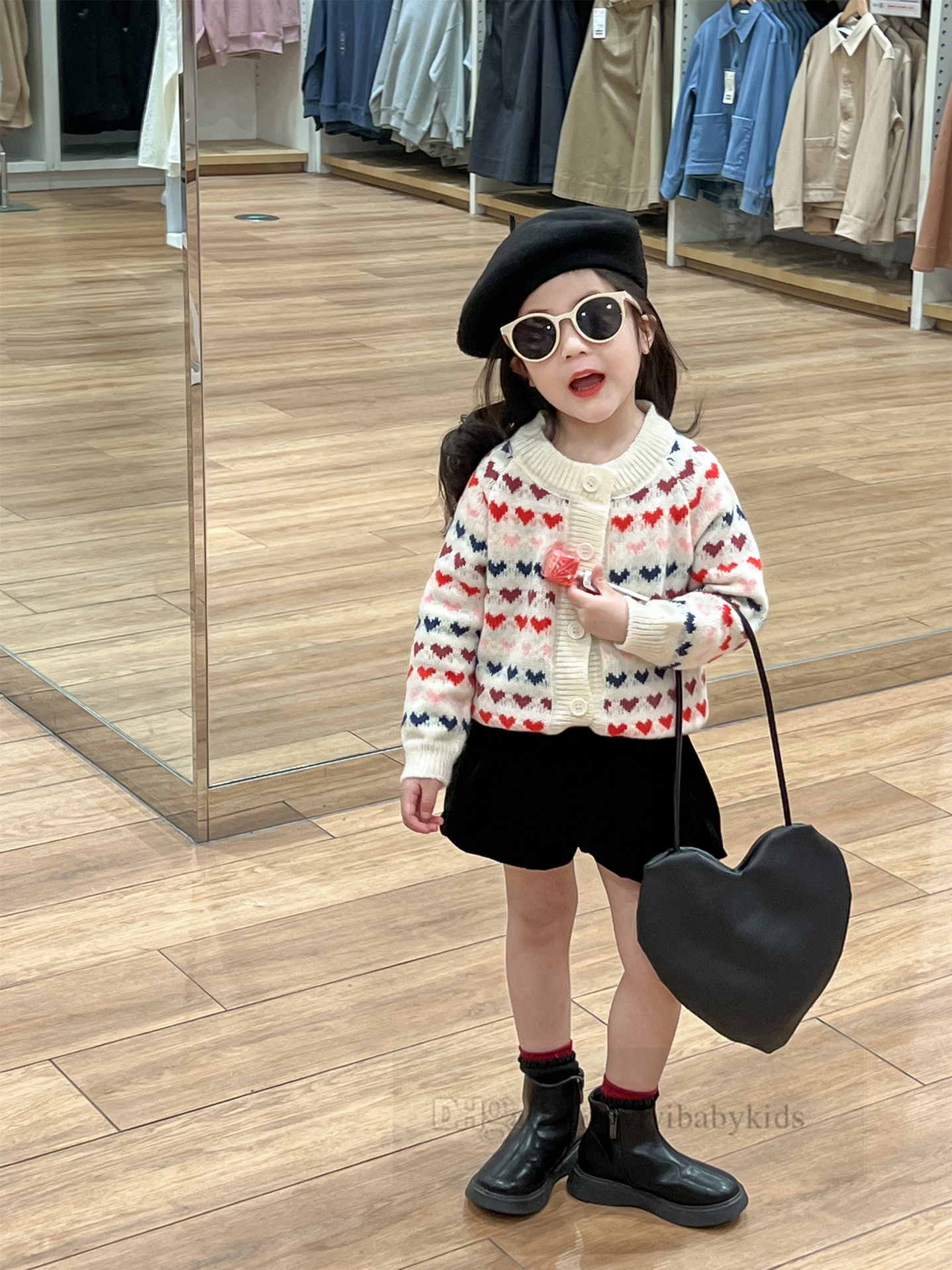 Sweet Girls colorful love heart knitted cardigan kids round collar long sleeve sweater outwear children buds shorts Z6992