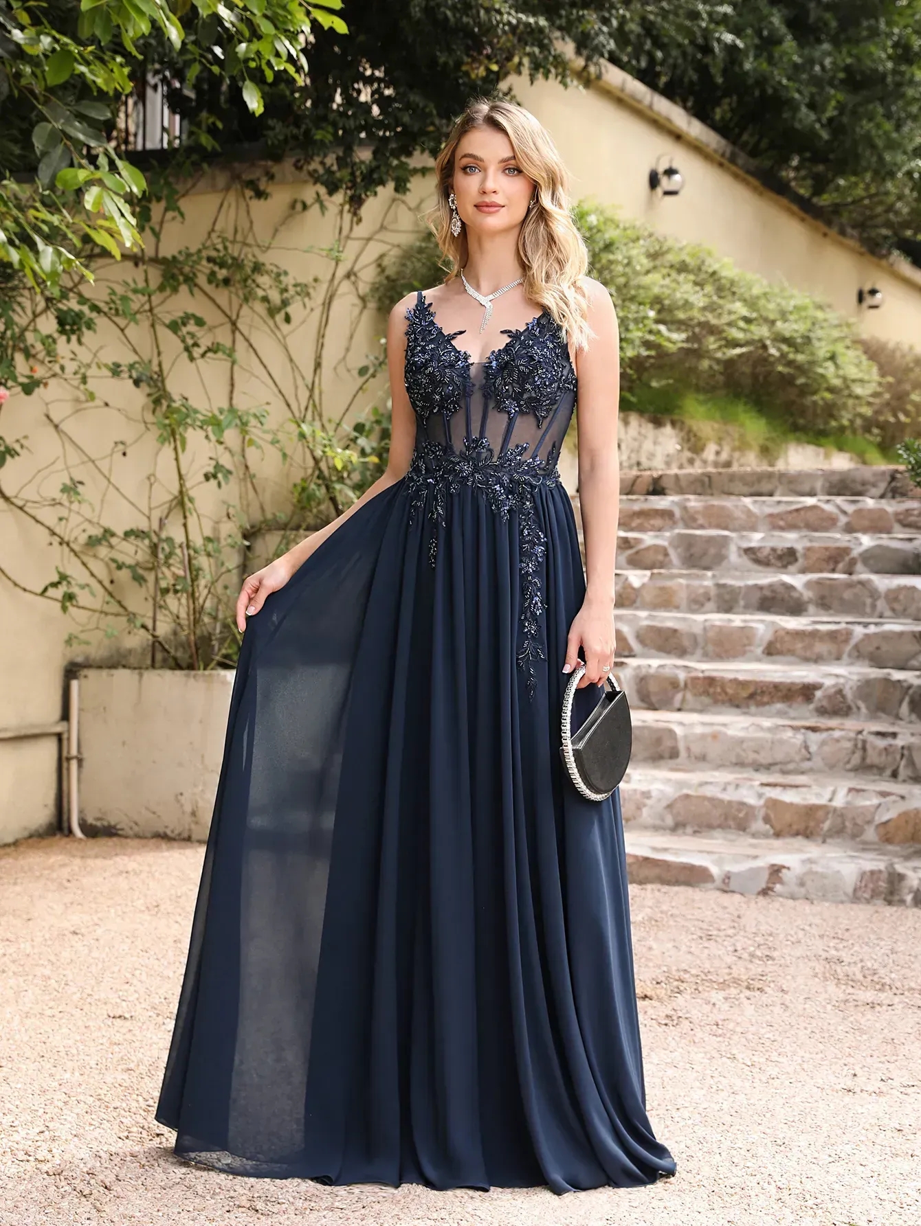 Sexy Backless Evening Dresses Dark Navy Chiffon Appliques A Line Sheer V Neck Long Party Prom Gowns CPS3038 2024