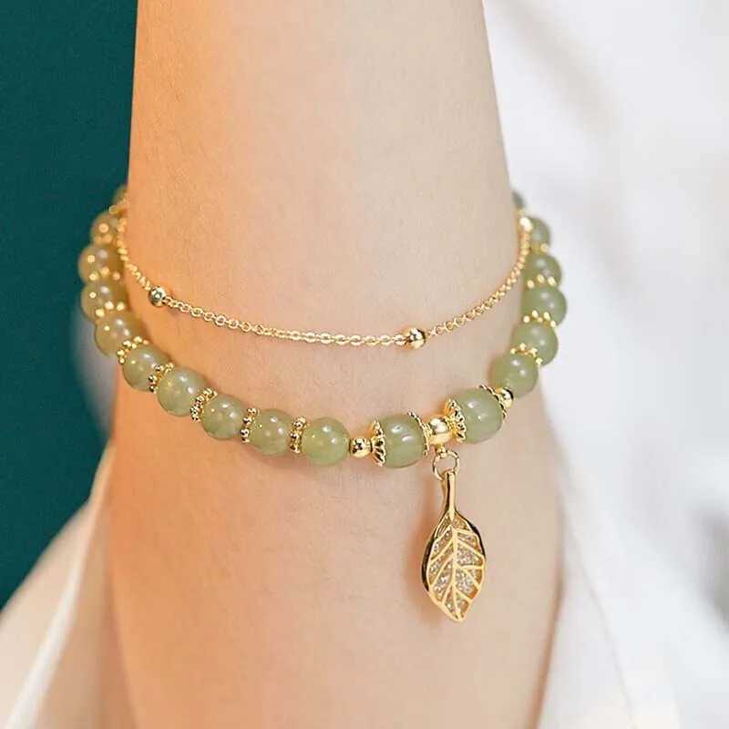 Bracciale giada hetiano verde in stile cinese perline donne foglie di colore oro vintage foglie a doppio strato Gift di gioielli con bracciale in perline