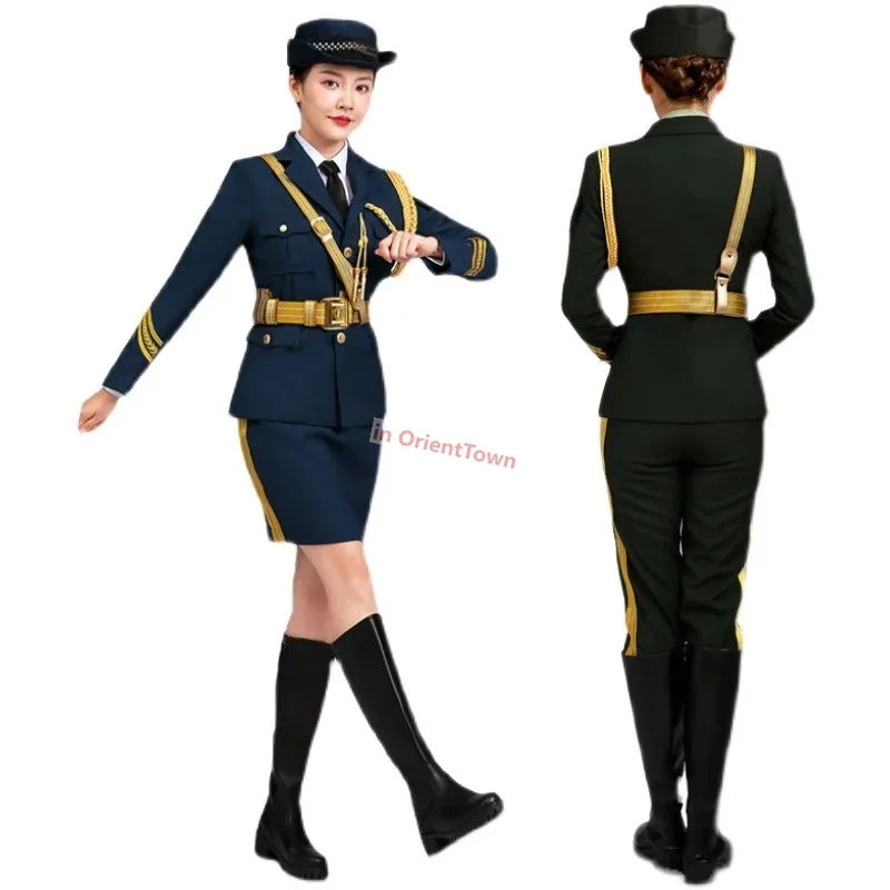 Abbigliamento da palcoscenico Uniforme militare da cintura dorata Cina Tre servizi Esercito Guardia d'onore Costume Studente Portabandiera Cerimonia Portineria Abbigliamento Signora