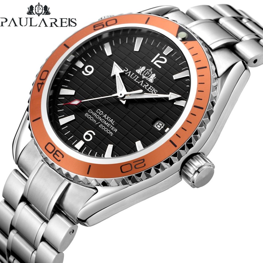 Automático auto vento mecânico pulseira de aço inoxidável simples laranja azul moldura james bond 007 estilo data negócios relógio masculino t200311274y