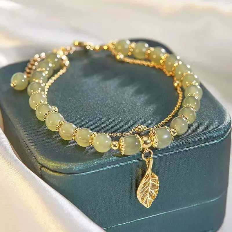 Bracciale giada hetiano verde in stile cinese perline donne foglie di colore oro vintage foglie a doppio strato Gift di gioielli con bracciale in perline