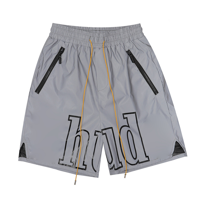 Shorts masculinos de grife reflexivos letras cinza logotipo impressão zip bolso casual masculino solto ajuste vintage esportes cordão shorts