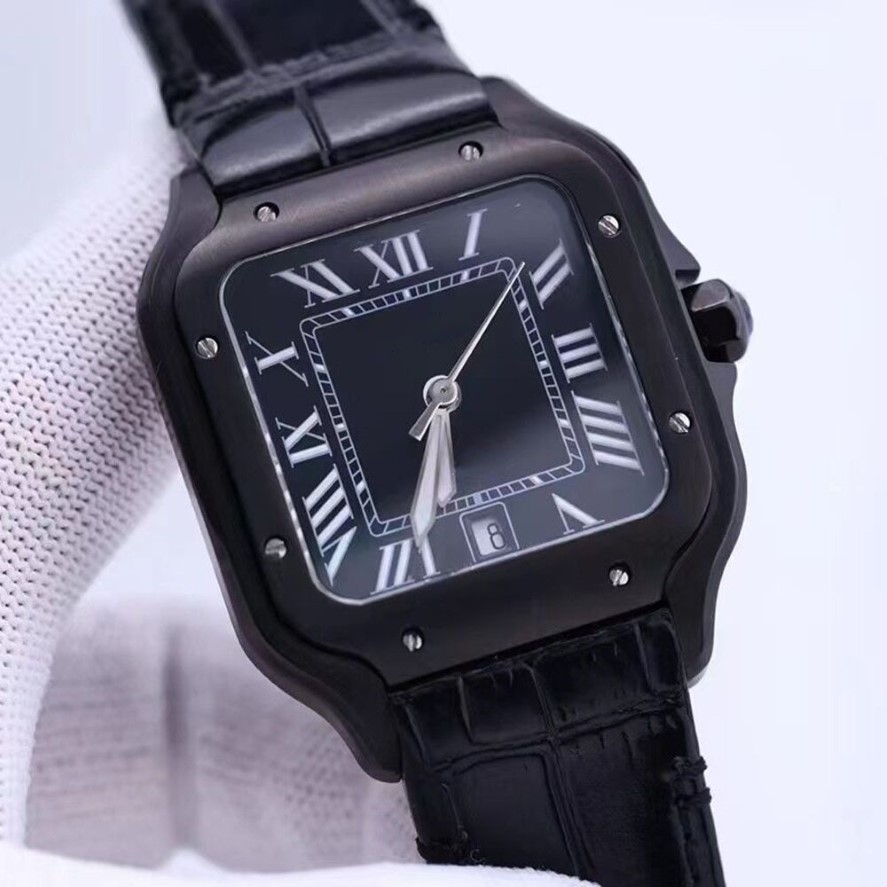 Relógio automático asiático de alta qualidade 39 8mm relógio masculino preto mostrador romano pulseira de couro preto safira vidro fivela dobrável cale171e