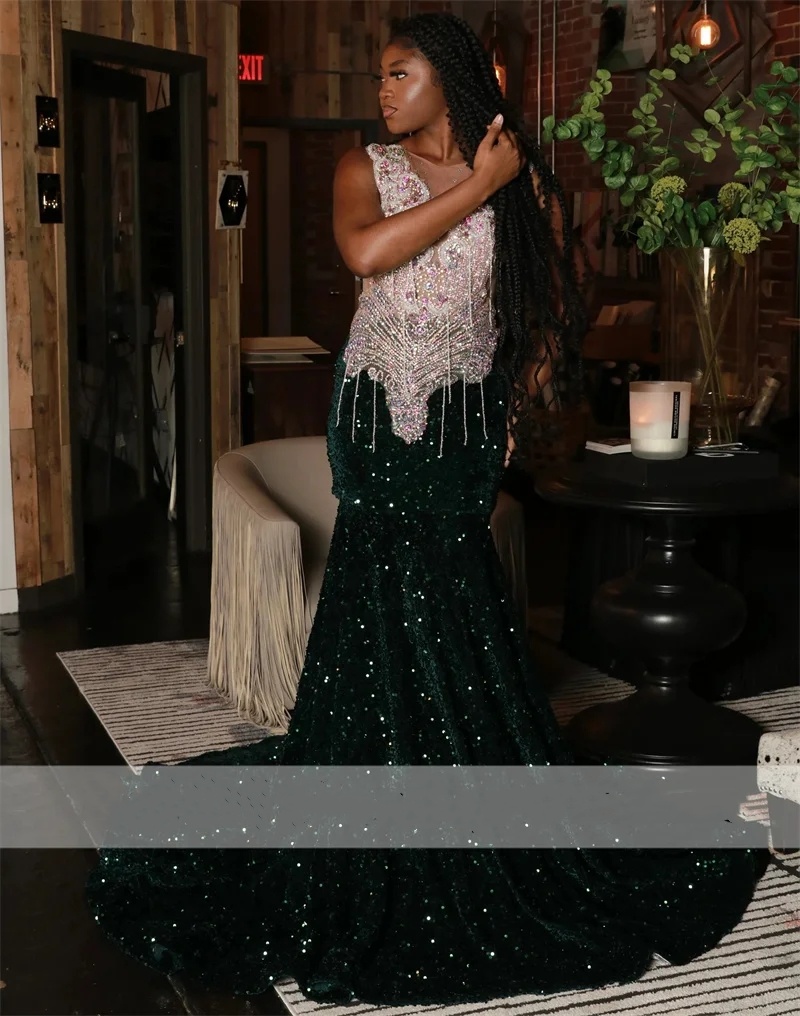 Sparkly Dark Green Prom Dresses 2024 For Black Girls Gliter Beads Rhinestones Tassels Sequins Gown Party Gown Evening Gown