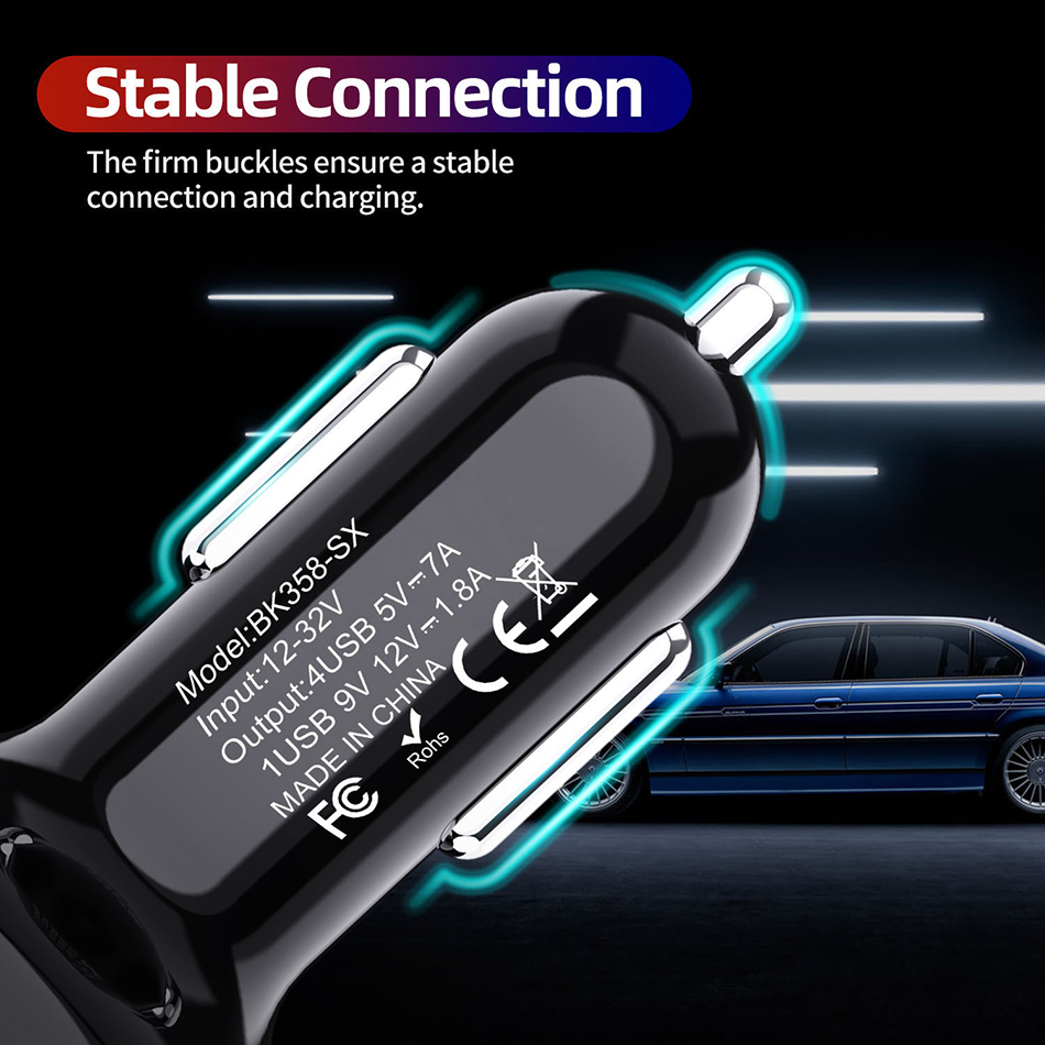 7A 4 Ports Car Charger Digital Display Quick Charge QC3.0 USB Fast Charging for iPhone Xiaomi Redmi OPPO Vivo Huawei Adapter
