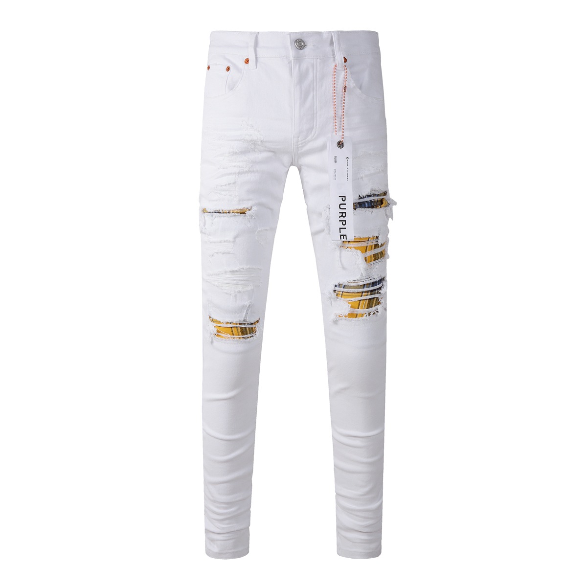 Lila Markenjeans für Herren, High Street, weiße Hosen, modische Denim-Hosen mit geflickten Löchern, Trend-Jeans