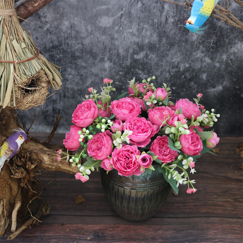 Atacado 32cm 5 garfo 9 cabeça de seda rosa flores flores peônia artificial para buquê de casamento decoração de natal