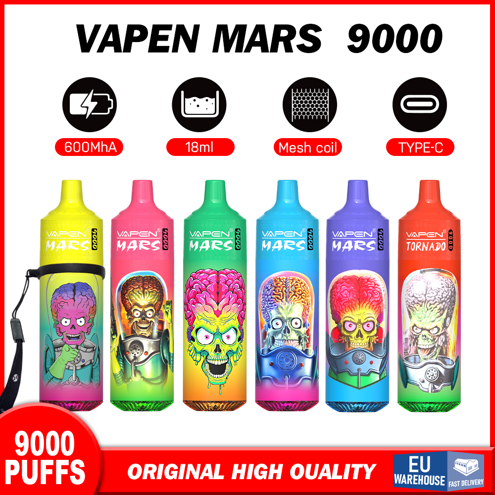 Puff 9000 Tornado Vape Mars Puff 9K Vape 9000 Flavor Mini-Einweg-E-Zigarette Mesh Coil 18 ml Pod Wiederaufladbares RGB-Licht 0% 2% 5% 7k 10k 12k Puffs Tornado-Preise Vape-Stifte