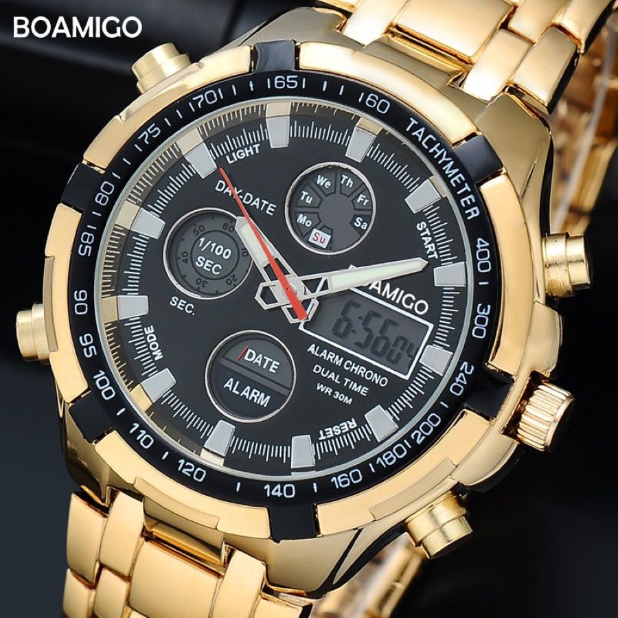 BOAMIGO Brand Watches Military Men Sport Watches Auto Date chronograph gold Steel Digital Quartz Wristwatches Relogio Masculino LY309Q