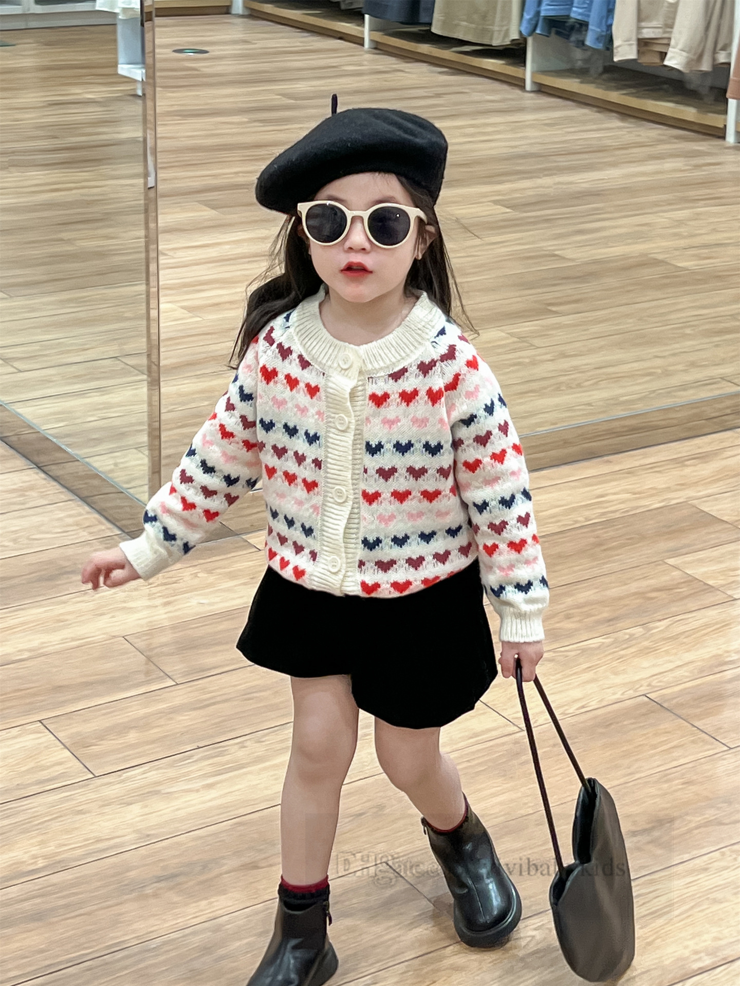 Sweet Girls colorful love heart knitted cardigan kids round collar long sleeve sweater outwear children buds shorts Z6992