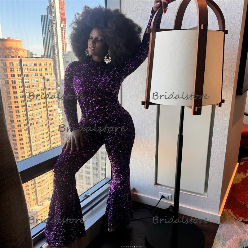 Shiny Purple Evening Dress 2024 High Neck Glitter Sequin Jumpsuit Prom Dresses For Black Girls Long Sleeve Plus Size Formal Dress For Special Occasion Vestios Gala