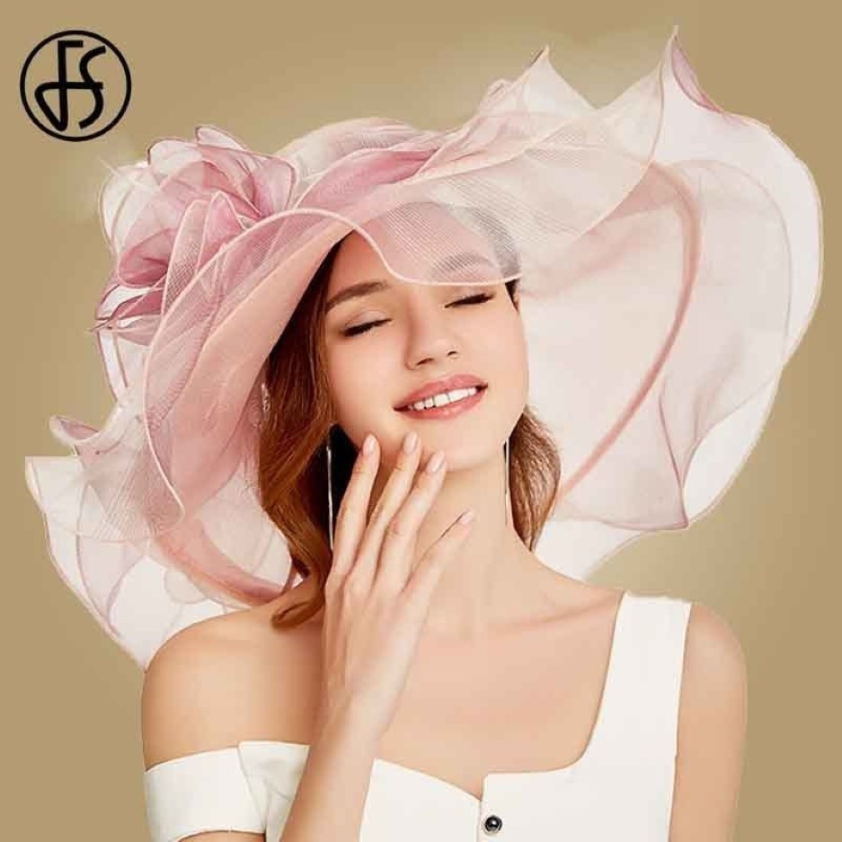 FS rosa Kentucky Derby cappello le donne organza cappelli da sole fiori elegante estate grande tesa larga signore matrimonio chiesa Fedora T200602276I