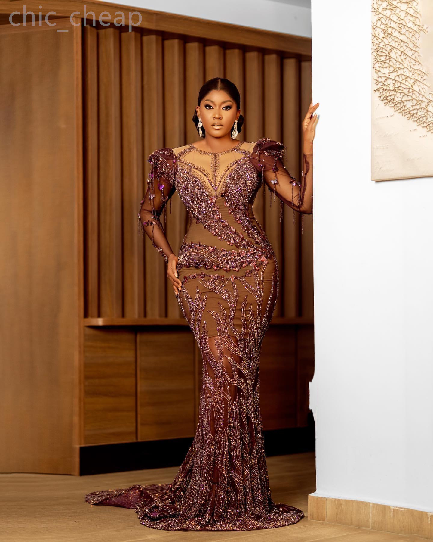 2024 ASO EBI Illusion Brown Mermaid Dress Cequined Lace Evening Formal impreza Drugi przyjęcie 50. urodziny suknie zaręczynowe sukienki szatą de soiree ZJ120