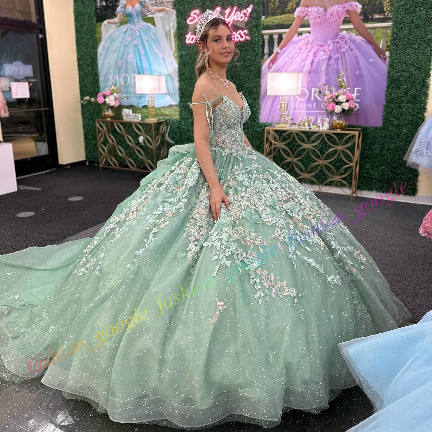 3D Floral Sequin Quinceanera Dress Glitter Tulle Ball Mexican Quince Sweet 15/16 Birthday Party Gown for 15th Girl Drama Winter Formal Prom Gala Orchid Sage Bow Straps