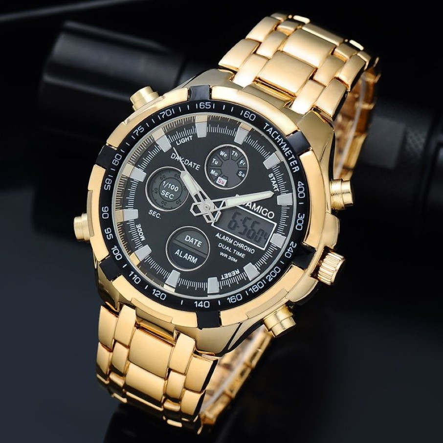 BOAMIGO Brand Watches Military Men Sport Watches Auto Date chronograph gold Steel Digital Quartz Wristwatches Relogio Masculino LY309Q